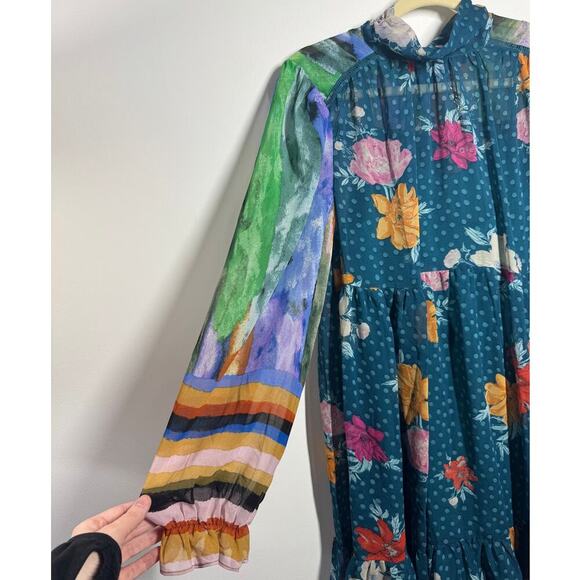 Fate Dress Women M Mixed Print Slip Lined Problem Solved Teal Blue Floral Dress - Picture 2 of 6